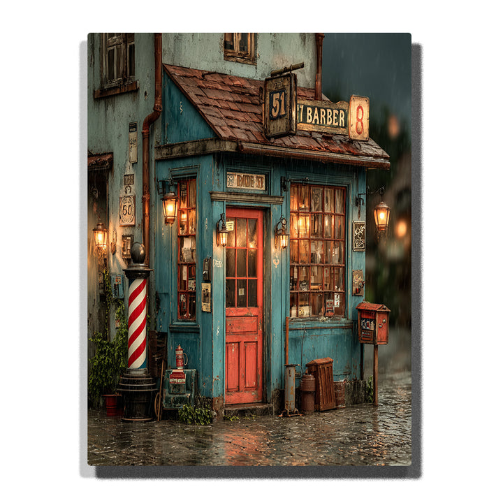 Vintage Barber Shop Paint by Numbers For Adults featuring weathered turquoise storefront, red door, striped barber pole, glowing windows and rainy cobblestone street