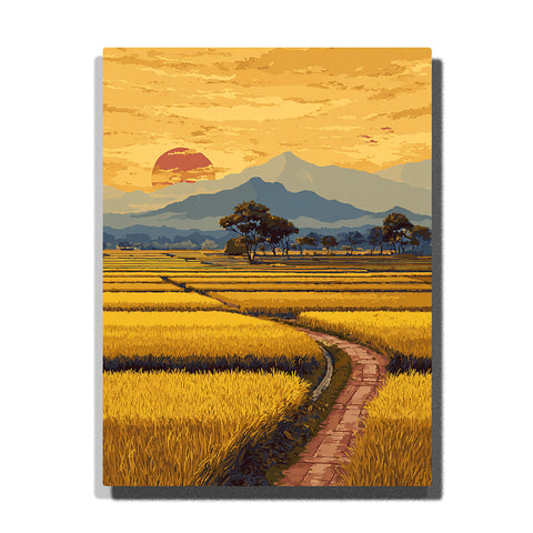 Golden rice fields with curved path, mountain sunset, orange sky, and distant trees paint by numbers city scenery wall art.