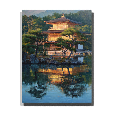 Golden pavilion temple with pine garden and blue-green lake reflection paint by numbers city landmark wall art.
