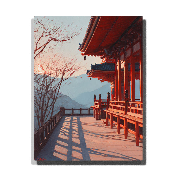 Japanese temple veranda with red pillars, stone walkway shadows, bare tree, and mountain sunrise landscape Paint by Numbers wall art.