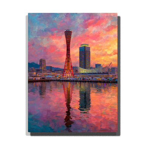 Kobe Port Tower waterfront cityscape at sunset with colorful sky reflections on water and modern skyline Paint by Numbers wall art.