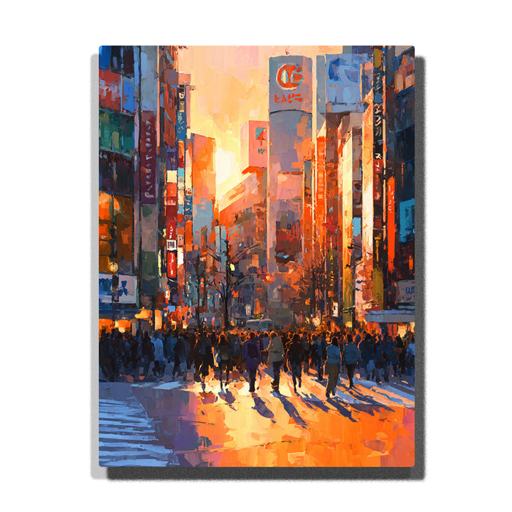 Busy city street crowd between skyscrapers at sunset with warm orange light, long shadows, and urban skyline Paint by Numbers wall art.