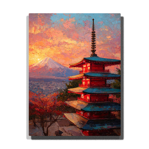 Japanese pagoda with Mount Fuji in the background under warm sunset sky, cityscape architecture and cultural landscape Paint by Numbers wall art.