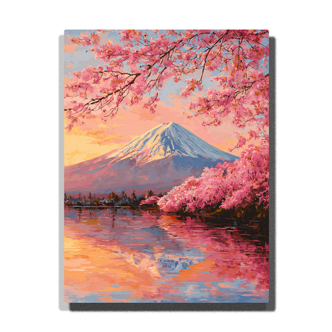 Mount Fuji with cherry blossoms over a calm lake reflection in spring sunrise landscape Paint by Numbers wall art.