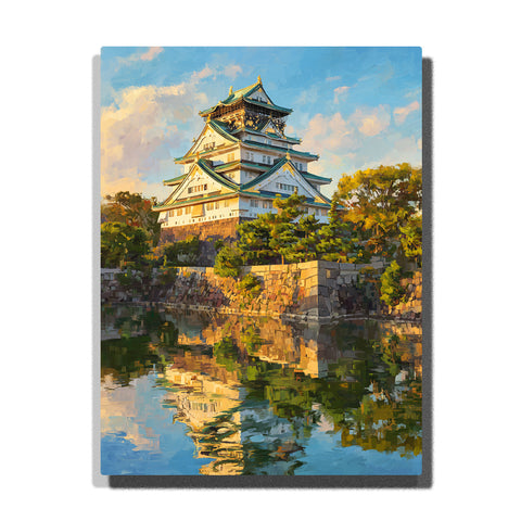 Japanese castle over calm water moat with green trees, stone walls, and sky reflection in peaceful landscape Paint by Numbers wall art.