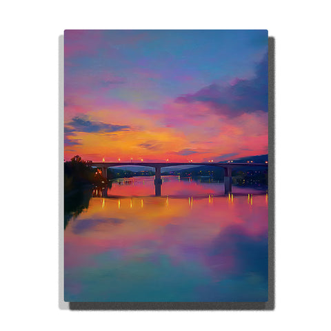 Colorful sunset river landscape with bridge reflections, glowing lights, and vibrant sky gradient Paint by Numbers wall art.