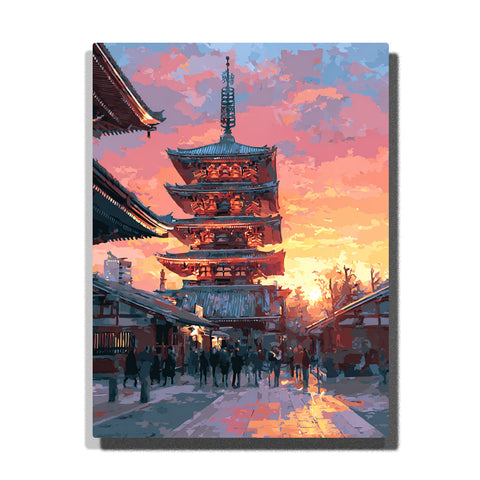Japanese pagoda at sunset over city street with crowd silhouettes, traditional rooftops, and glowing orange sky Paint by Numbers wall art.