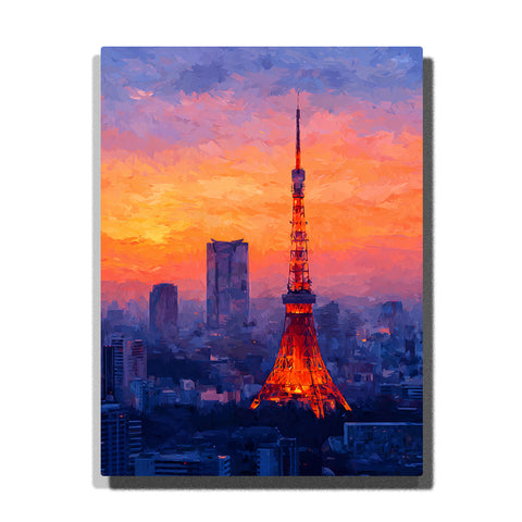 Tokyo Tower glowing at sunset above city skyline with warm orange sky and urban silhouettes Paint by Numbers wall art.