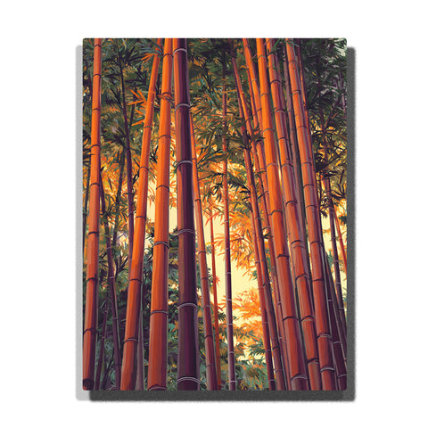 Arashiyama bamboo forest with tall orange bamboo stalks, green leaves, and golden sunlight paint by numbers city travel wall art.