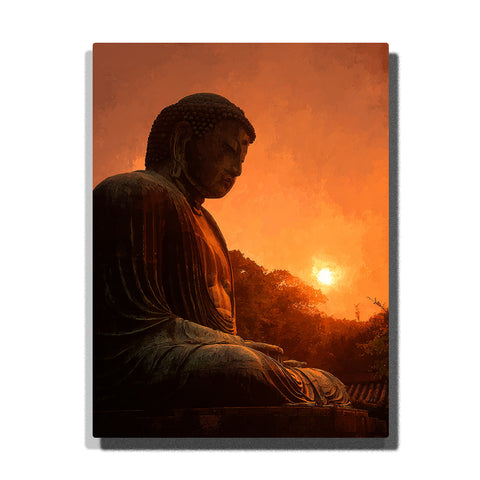 Great Buddha of Kamakura at orange sunset with warm sky, dark statue silhouette, tree line, and city landmark atmosphere paint by numbers wall art.