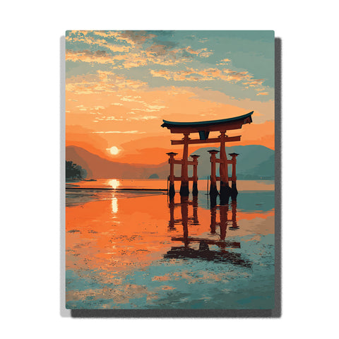 Red torii gate standing in shallow water at sunset with orange sky, mountain horizon, and sea reflection paint by numbers city wall art.