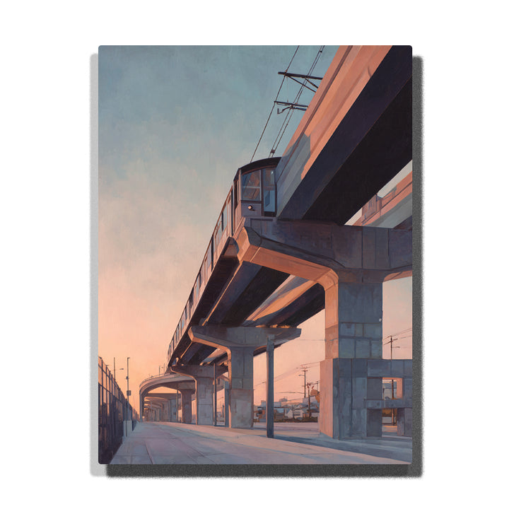 Elevated city train on peach-lit concrete viaduct with support columns, overhead wires, blue-gray shadows, and evening urban street paint by numbers wall art.