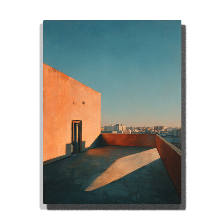 Sunlit rooftop terrace with orange wall, blue sky, doorway, long shadow, and distant city skyline paint by numbers city wall art.