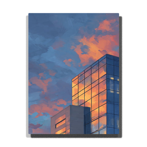 Modern glass office building reflecting peach sunset clouds with blue sky, window grid, and city architecture paint by numbers wall art.