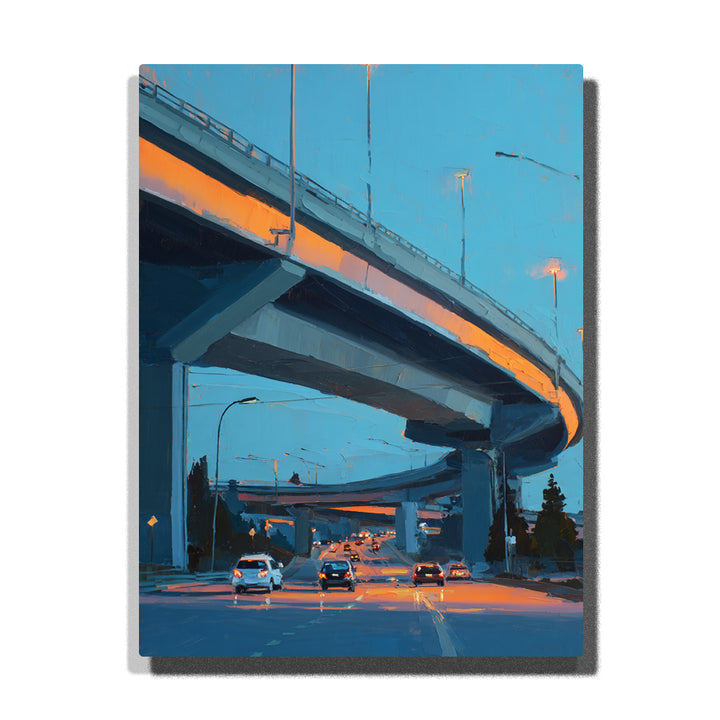 Curving city overpass at blue dusk with evening traffic, orange streetlights, concrete bridge columns, and glowing car headlights paint by numbers wall art.