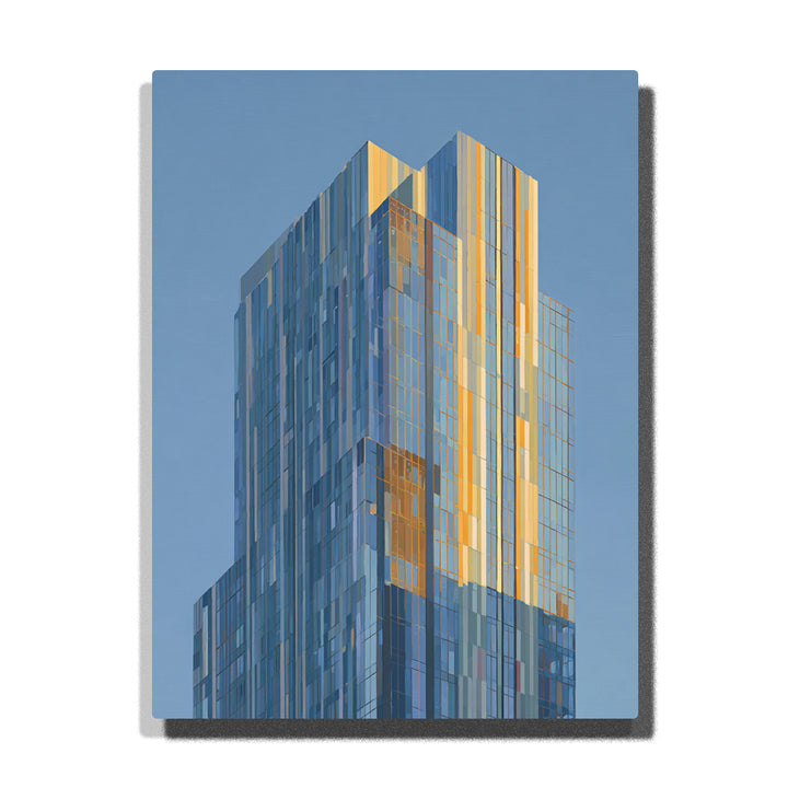 Blue glass skyscraper with golden window reflections, clear sky, vertical facade panels, and modern city architecture paint by numbers wall art.