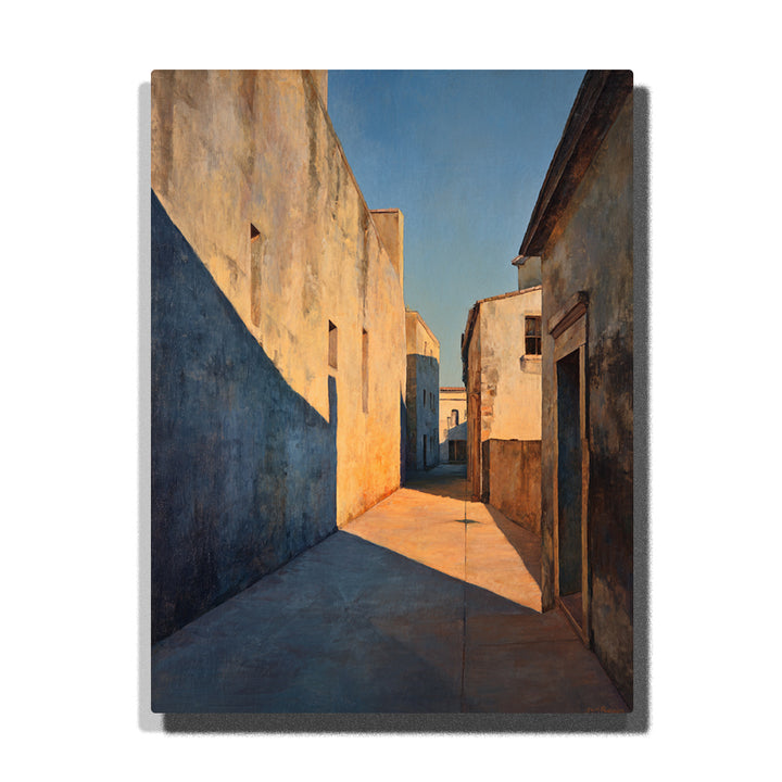Sunlit narrow city alley with tall stucco walls, blue shadows, warm golden light, small windows, and clear sky paint by numbers wall art.