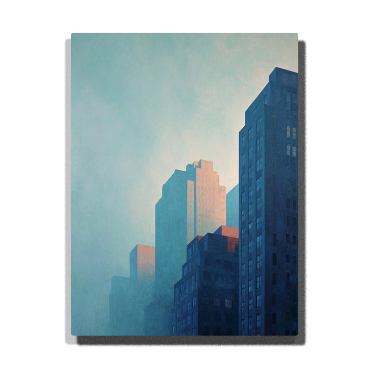 Misty blue high-rise towers with peach sunlight, pale sky, soft urban haze, and modern city architecture paint by numbers wall art.