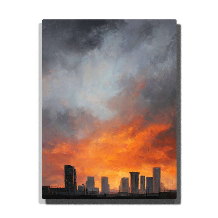 Dark city skyline beneath storm clouds with orange sunset glow, smoky blue-gray sky, and silhouetted towers paint by numbers city wall art.