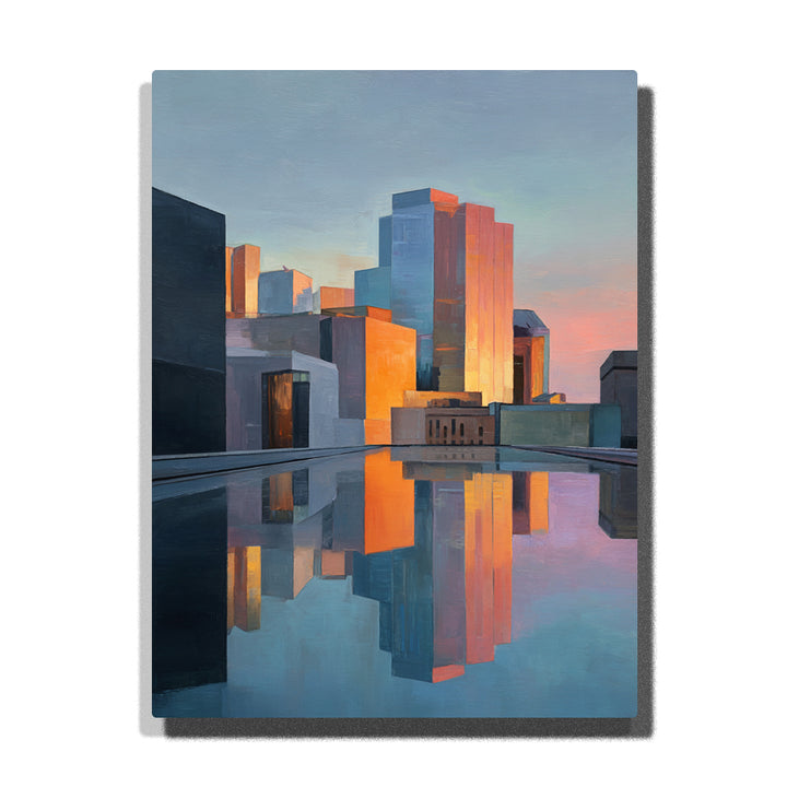 Sunlit glass towers with rooftop pool reflection, orange building highlights, blue shadows, and modern city skyline paint by numbers wall art.