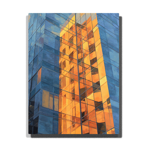 Golden office tower reflected in blue glass building facade with vertical window grids and modern city architecture paint by numbers wall art.