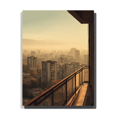 Golden balcony view over hazy city skyline with apartment towers, glass railing, warm morning light, and distant mountains paint by numbers city wall art.
