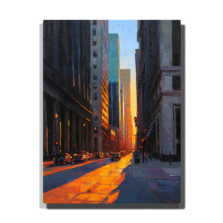 Golden sunset avenue between tall city towers with glowing pavement, parked cars, dark sidewalks, and distant skyscrapers paint by numbers city wall art.