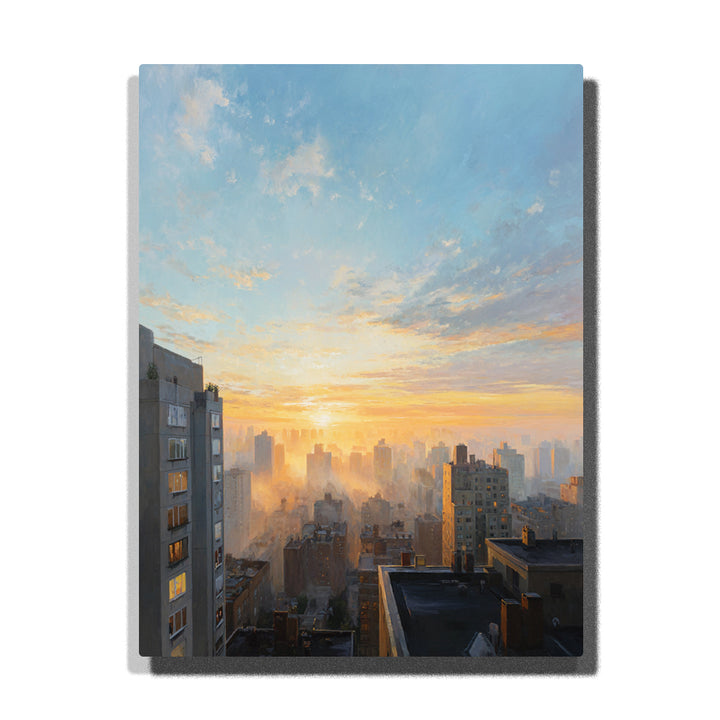 Golden sunrise city skyline with high-rise rooftops, glowing haze, blue sky, and distant towers paint by numbers city wall art.