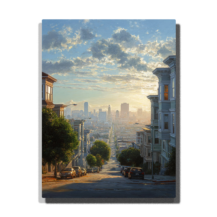 Golden city hill street with distant skyline, classic houses, parked cars, leafy trees, and glowing cloud sky paint by numbers city wall art.