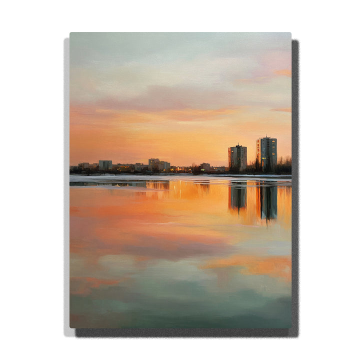 Lakeside city skyline with peach sunset reflection, twin towers, calm water, pastel sky, and urban horizon paint by numbers city wall art.