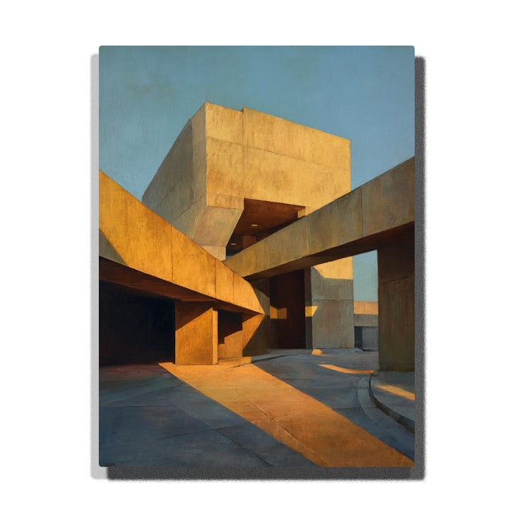Brutalist concrete plaza with golden sunlight, geometric walkways, square columns, deep shadows, and blue sky paint by numbers city wall art.