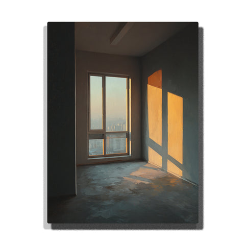 Empty high-rise room with golden window light, dark interior wall, concrete floor, and distant city skyline paint by numbers city wall art.