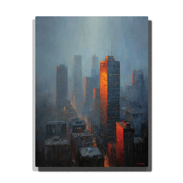Foggy blue city skyline with orange glowing tower facade, dark high-rises, misty rooftops, and moody urban atmosphere paint by numbers wall art.