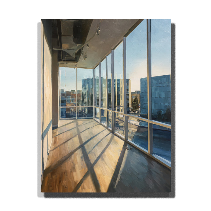 Sunlit glass corridor with city view, wooden floor shadows, tall windows, blue sky, and modern buildings paint by numbers city wall art.