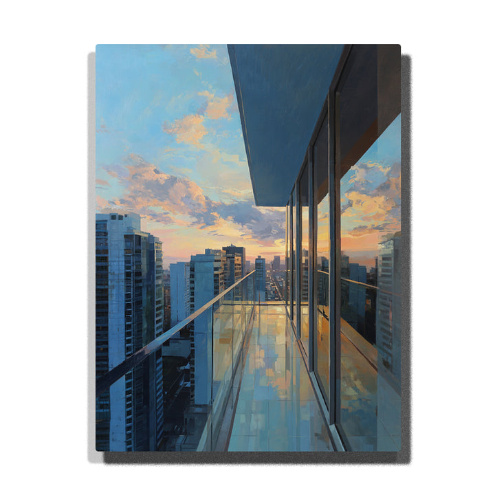 Glass balcony corridor overlooking sunset city skyline with reflective floor, high-rise buildings, peach clouds, and blue evening sky paint by numbers wall art.