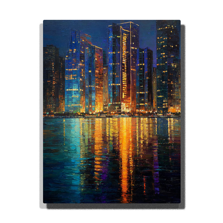 Neon skyscraper waterfront skyline at night with blue glass towers, golden harbor reflections, teal lights, dark water, and modern city paint by numbers wall art.