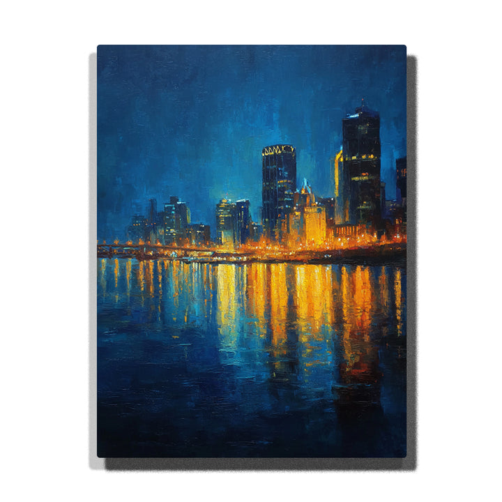 Blue night waterfront city skyline with glowing high-rise towers, golden harbor reflections, deep blue water, teal accents, and urban lights paint by numbers wall art.