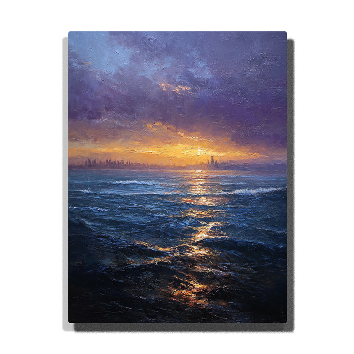 Stormy ocean sunset with distant city skyline, purple-gray clouds, dark blue waves, golden reflection path, and glowing horizon paint by numbers city wall art.

