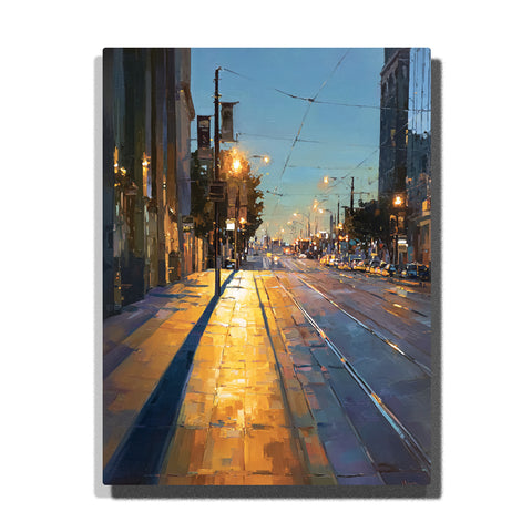 Blue evening city avenue with streetcar rails, golden wet pavement reflections, glowing lamps, overhead wires, cars, and urban buildings paint by numbers wall art.