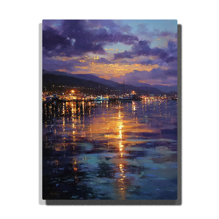 Twilight harbor city with purple clouds, mountain background, glowing shoreline lights, and golden water reflection paint by numbers city wall art.