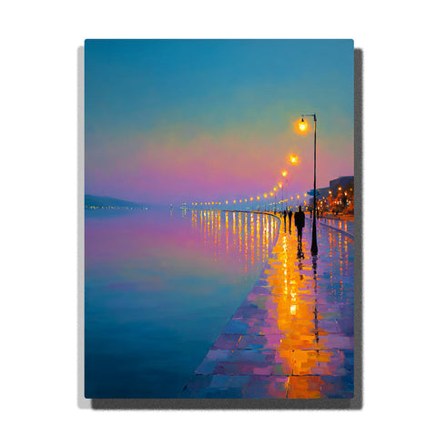 Lamplit waterfront promenade at pastel dusk with golden streetlight reflections, calm blue water, distant shoreline, and city walkway paint by numbers wall art.