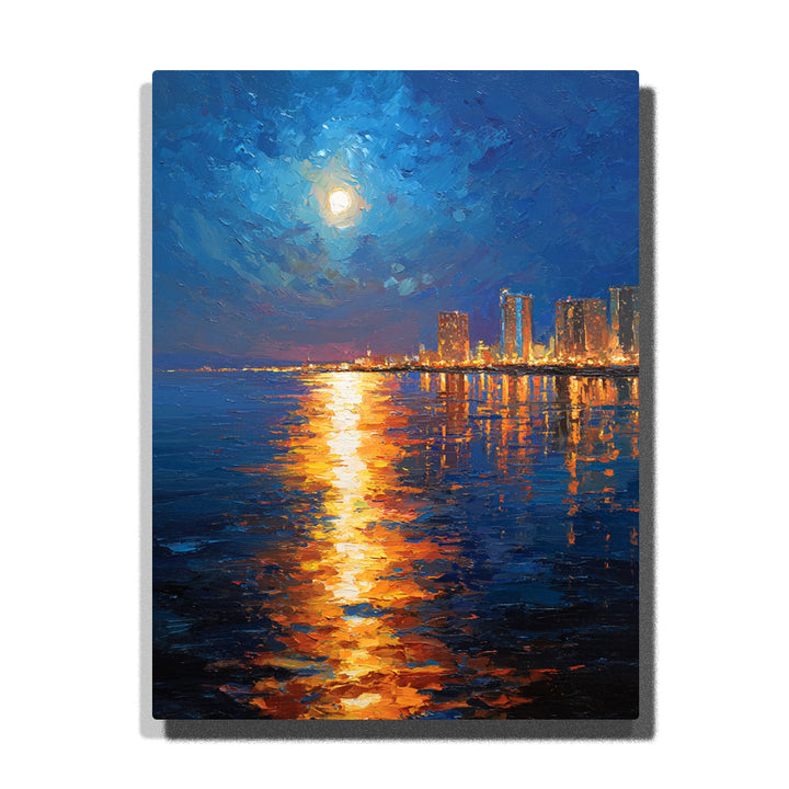 Moonlit waterfront city skyline with golden water reflection, full moon, blue night sky, glowing buildings, and rippled light paint by numbers wall art.