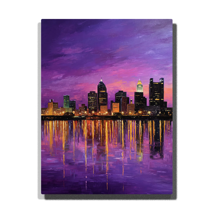 Purple riverside city skyline at twilight with golden windows, black high-rise silhouettes, violet sky, and long river reflections paint by numbers wall art.