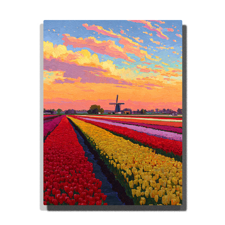 Tulip Field Paint by Numbers For Adults featuring rows of red yellow pink and purple tulips leading toward a traditional windmill beneath colorful sunset clouds