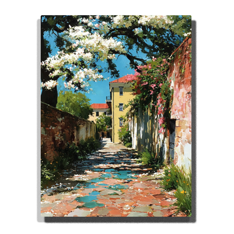 Sunny European cobblestone alley with old buildings, blooming white and pink flowers, trees and ivy under bright blue sky — PaintEasy Home Decor - City Paint by Numbers artwork