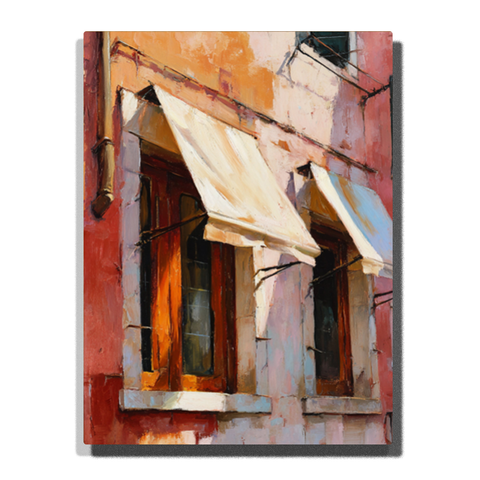 Close-up of sunlit European old building windows with awnings, warm light reflections and textured colorful walls — PaintEasy Home Decor - City Paint by Numbers artwork