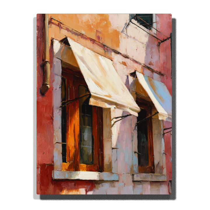 Close-up of sunlit European old building windows with awnings, warm light reflections and textured colorful walls — PaintEasy Home Decor - City Paint by Numbers artwork