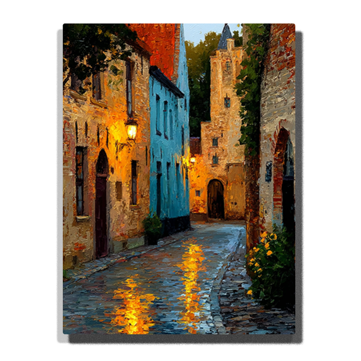Romantic European cobblestone street at dusk with colorful old buildings, glowing lanterns reflecting on wet pavement and medieval tower — PaintEasy Home Decor - City Paint by Numbers artwork