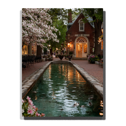 Evening canal scene with brick building, arched doorway, blooming trees and ducks swimming in reflective water — PaintEasy Home Decor - City Paint by Numbers artwork