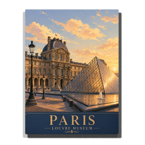 Paris Louvre Museum with the iconic glass pyramid, golden sunset reflections, historic architecture and fountain in elegant travel poster style Paint by Numbers by PaintEasy